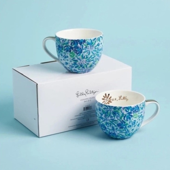 Lilly Pulitzer Other - Lilly Pulitzer Blue Floral Coffee Mugs or Tea Cups With Gold Accents, Set of 2